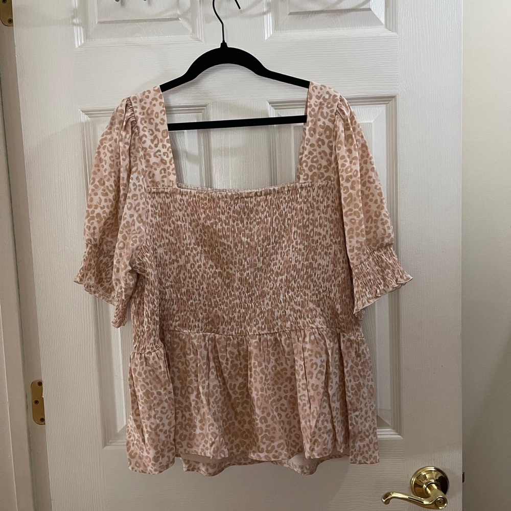 Pink animal print elastic top, smocked top, Nine West
